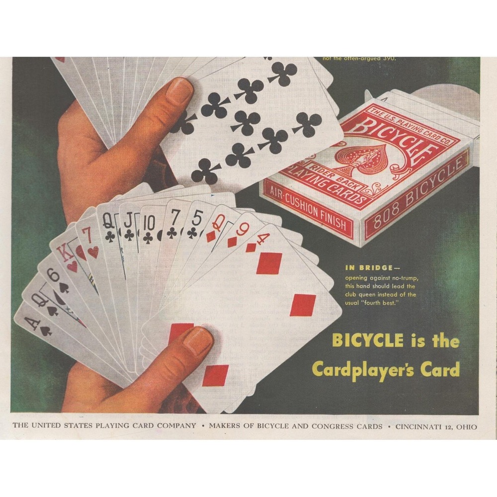 Vintage 1947 Bicycle Playing Cards Print Ad Poker Bridge Cincinnati Ohio